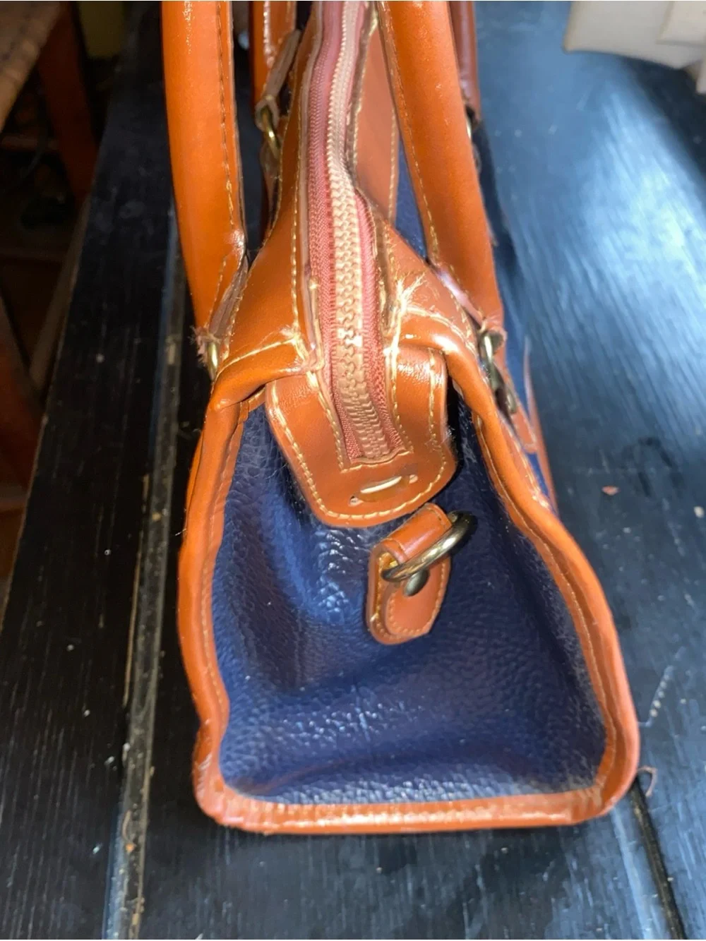 Dooney & Bourke Navy and Brown Pebbled Leather Satchel